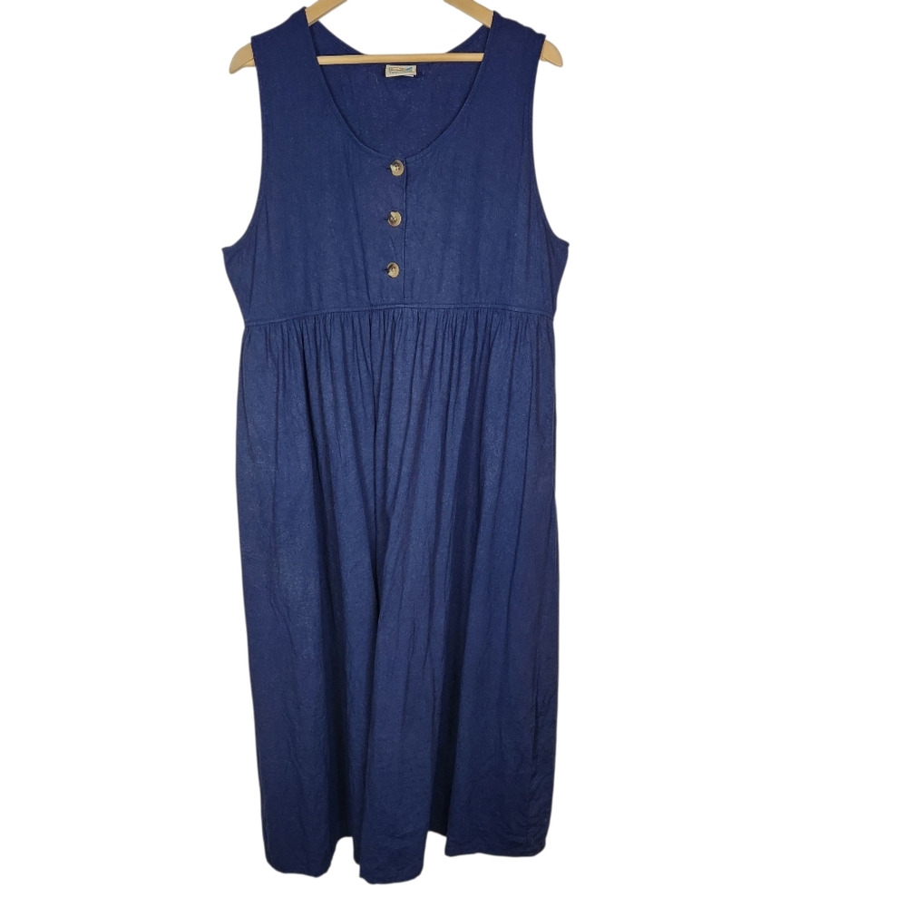 Vintage 90s Cottagecore Blue Sleeveless Dress Jumper Linen Pinafore Grandma L - Picture 12 of 13